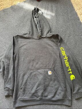 Carhartt Gray Pullover Hoodie with Neon Yellow Sleeve Logo